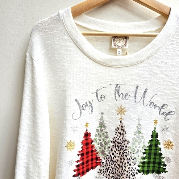 Christmas Sweater, Light-weight, "Joy to the World" with Trees Graphic, … - Picture 3 of 11